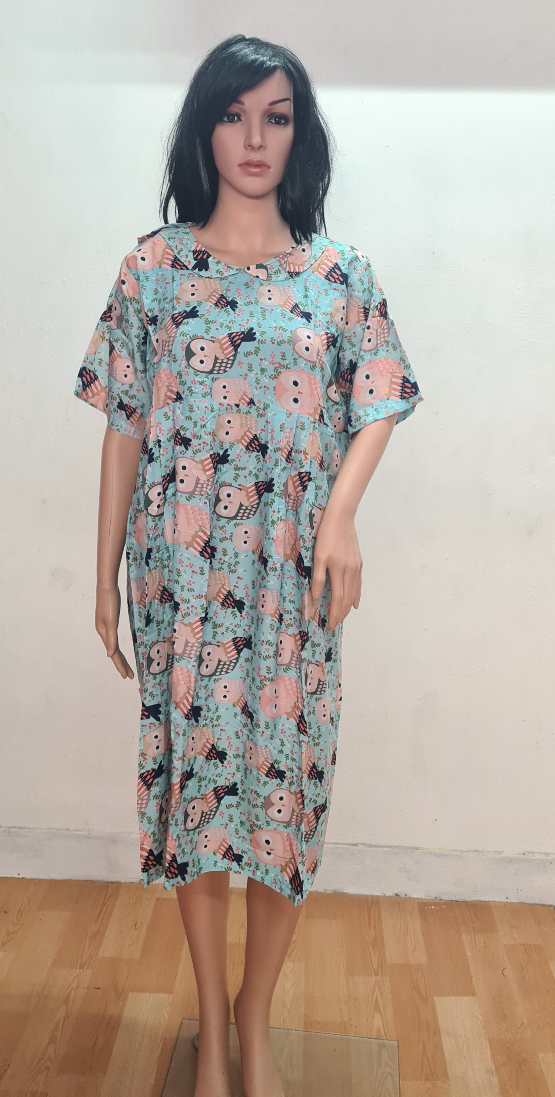 Owl printed blue 3/4 Special House coat with overlapping back panels