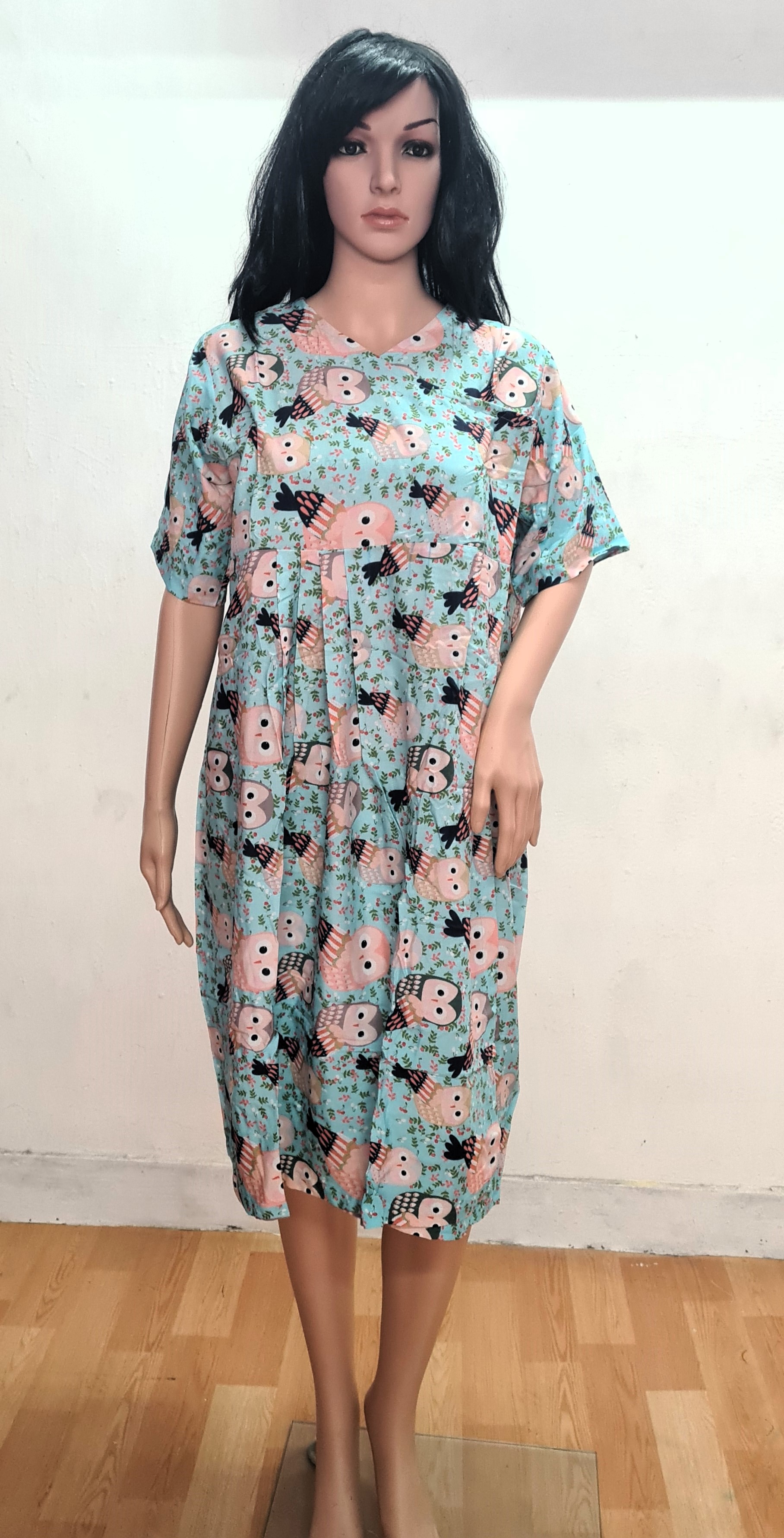 Owl printed 3/4 Organic cotton blue front wrap dress
