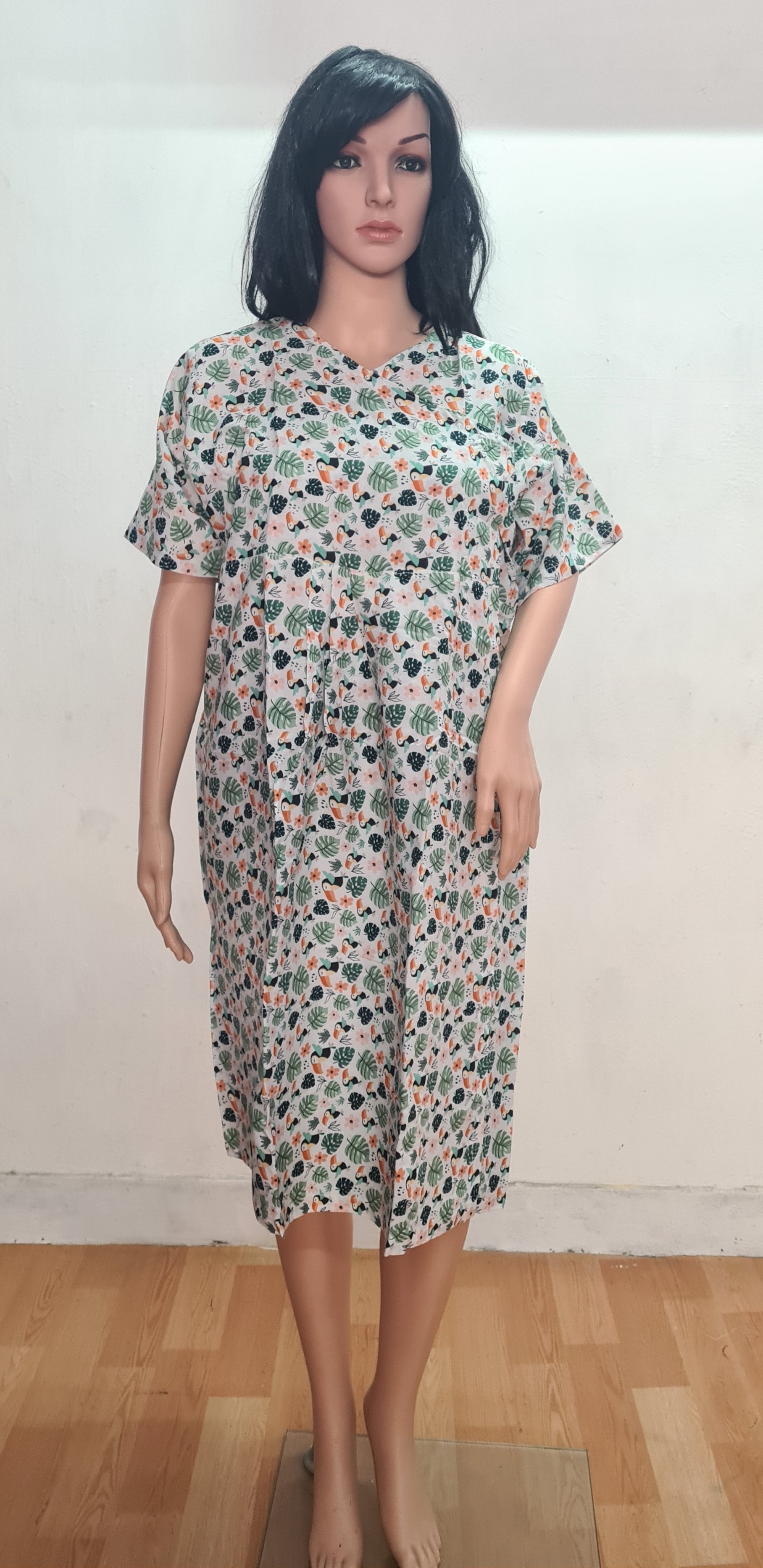 Flamingo printed 3/4 Organic cotton front wrap dress